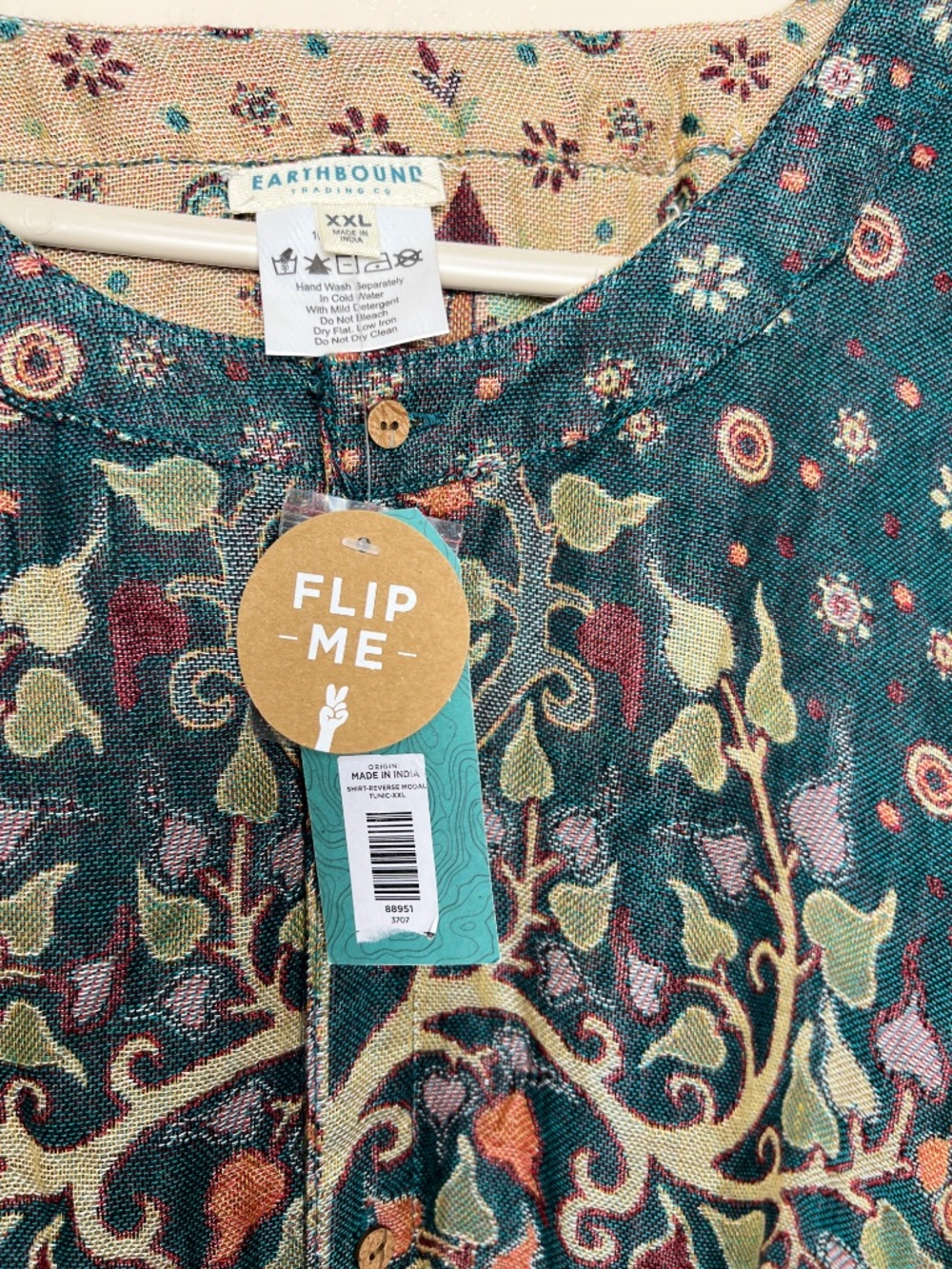 Earthbound Reversible Boho Kimono Cover Fringe Green Tan Elephant Cover Up XXL - Picture 3 of 8